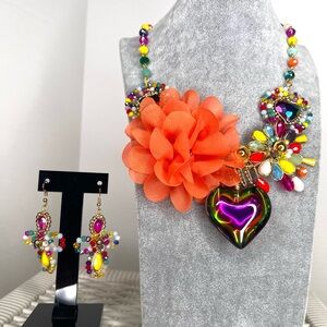 Colorful Floral Heart Necklace and Earring Set